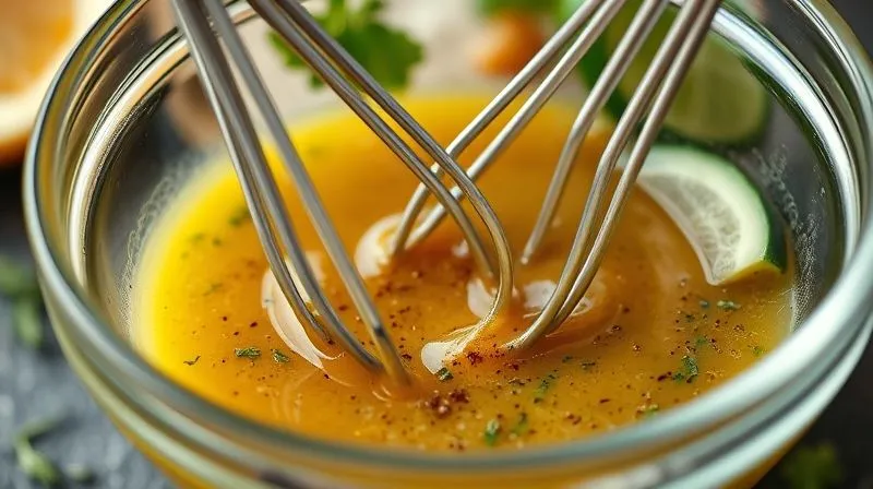 A close-up, photorealistic shot of a clear glass bowl containing a vibrant, homemade low-carb salad dressing being whisked, with fresh herbs and spices visible, cinematic lighting, 8K, sharp focus.
