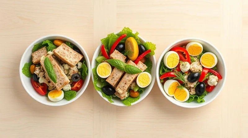 A vibrant, photorealistic overhead shot of three distinct variations of low-carb tuna salad, each in a unique, elegant bowl, showcasing different ingredients like olives, bell peppers, and hard-boiled eggs, all arranged artfully on a light wooden background, with cinematic lighting, 8K, sharp focus.