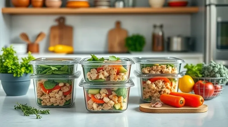 A photorealistic image of a neatly organized meal prep station in a modern kitchen, with several containers of low-carb tuna salad ready for the week, alongside fresh ingredients, bathed in bright, natural light, 8K, sharp focus, professional photography.