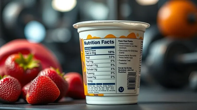 A close-up, photorealistic image of a vibrant, commercial fruit yogurt cup with its nutrition label clearly showing high sugar content, against a slightly blurred background of gym equipment, creating a sense of irony. Cinematic lighting, sharp focus on the label, depth of field. Professional photography, 8K, shot on a high-end DSLR.