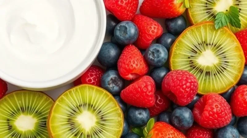 A photorealistic, artfully arranged flat lay of a variety of fresh, colorful berries (raspberries, blueberries, strawberries) and sliced kiwi, next to a bowl of plain Greek yogurt. The composition should highlight freshness and natural beauty, with soft, diffused lighting. Professional photography, 8K, sharp focus on the fruits, depth of field. Shot on a high-end DSLR.