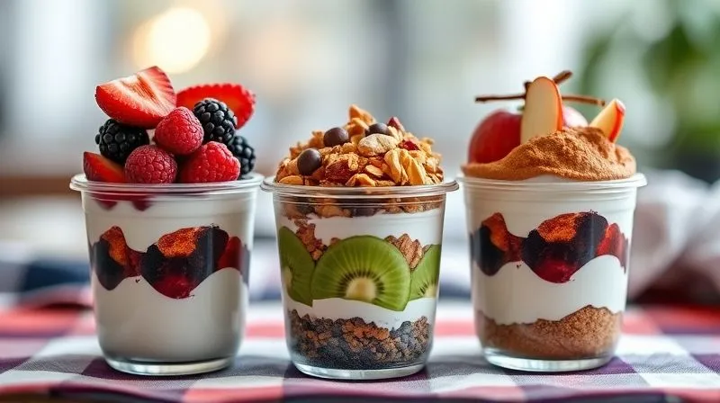 A photorealistic, close-up shot of three distinct, beautifully layered fruit yogurt lunchboxes, each showcasing different fruit and topping combinations (e.g., berries and granola, kiwi and nuts, apple and cinnamon). They are neatly packed in clear, modern lunch containers, ready to go. The background is a gently blurred office desk or a picnic blanket, suggesting convenience and healthy eating on the go. Cinematic lighting, sharp focus on the lunchboxes, depth of field. Professional photography, 8K, shot on a high-end DSLR.