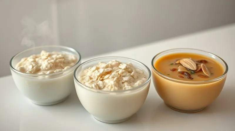 A close-up, photorealistic image of three small bowls of cooked oatmeal, each prepared with a different liquid base. One bowl is steaming, made with water, looking light and fluffy. Another is creamy, made with unsweetened almond milk. The third is slightly savory, suggesting a vegetable broth base, perhaps with a sprinkle of herbs. The bowls are neatly arranged on a clean, minimalist kitchen counter. Professional photography, 8K, cinematic lighting, sharp focus, depth of field, shot on a high-end DSLR.