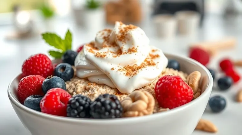 A photorealistic, professional photography shot of a vibrant, healthy bowl of oatmeal with a generous scoop of white skyr yogurt and a sprinkle of protein powder on top. Fresh berries and a few nuts are arranged around the yogurt. The setting is a bright, modern kitchen counter with natural light. Emphasize the freshness and protein-rich nature of the meal. 8K, cinematic lighting, sharp focus, depth of field, shot on a high-end DSLR.