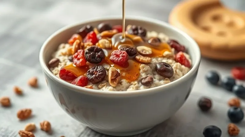 A photorealistic, professional photography shot of a visually unappealing, overly sweet, and high-calorie oatmeal. The bowl is overflowing with excessive amounts of dried fruits, nuts, and a thick drizzle of syrup, looking heavy and cloying. The lighting is harsh, highlighting the unhealthy aspects. This image should evoke a sense of 'what not to do'. 8K, cinematic lighting, sharp focus, depth of field, shot on a high-end DSLR.