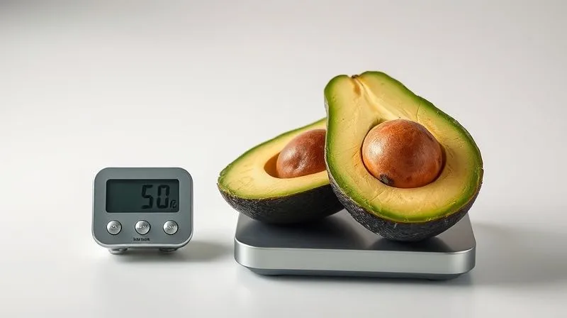 Photorealistic, professional photography of a single ripe avocado, halved, with one half showing the pit and the other half perfectly sliced, revealing its creamy green flesh. Beside it, a small digital scale displaying a weight of 50 grams, emphasizing portion control. The background is clean and minimalist, with soft, diffused lighting. 8K, cinematic lighting, sharp focus, depth of field, shot on a high-end DSLR.