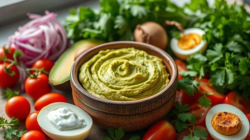 Photorealistic, professional photography of a vibrant, freshly made avocado paste in a rustic bowl, surrounded by an assortment of colorful, fresh ingredients: cherry tomatoes, finely chopped red onion, a bunch of fresh cilantro, a hard-boiled egg cut in half, and a small bowl of Greek yogurt. The scene is bathed in bright, natural light, emphasizing the freshness and healthiness of the ingredients. 8K, cinematic lighting, sharp focus, depth of field, shot on a high-end DSLR.