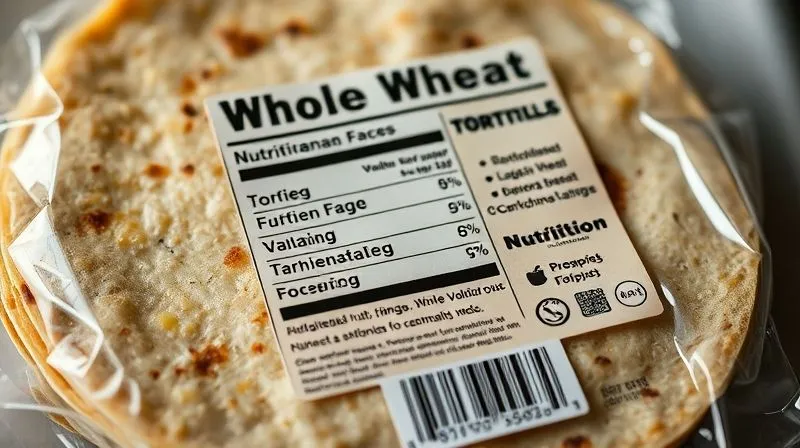 A close-up photorealistic image of a food label on a package of whole wheat tortillas, with nutritional information clearly visible and highlighted, professional photography, 8K, cinematic lighting, sharp focus, depth of field, shot on a high-end DSLR.