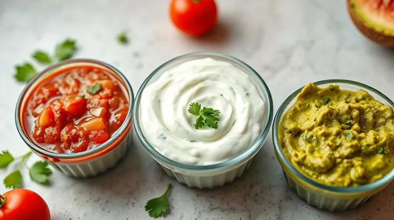 Photorealistic image of three small bowls containing healthy, low-calorie tortilla sauces: a vibrant red salsa, a creamy white Greek yogurt dip with herbs, and a green guacamole. The bowls are arranged on a light stone counter, with fresh ingredients like tomatoes and cilantro scattered around. Cinematic lighting, sharp focus on the sauces, depth of field blurring the background. 8K hyper-detailed, professional photography, shot on a high-end DSLR.