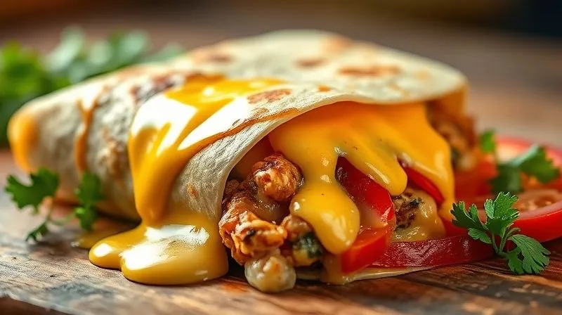 Photorealistic image of a common culinary mistake: an overflowing, unhealthy-looking tortilla wrap with excessive melted cheese and creamy sauce dripping out, contrasted with a small, healthy portion of fresh ingredients on the side. The image should evoke a sense of "too much" versus "just right." Cinematic lighting, sharp focus on the unhealthy wrap, depth of field blurring the background. 8K hyper-detailed, professional photography, shot on a high-end DSLR.