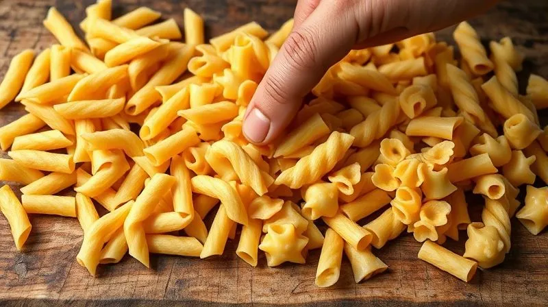 A close-up, photorealistic image of various shapes of dry whole-grain pasta (penne, fusilli, farfalle) arranged neatly on a rustic wooden board, with a single hand pointing to a specific shape, cinematic lighting, sharp focus, 8K.