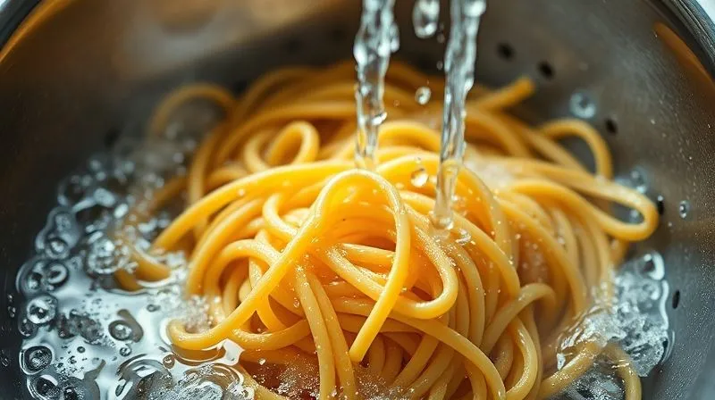 A photorealistic image of freshly cooked whole-grain pasta being rinsed under cold running water in a colander, steam gently rising, cinematic lighting, sharp focus on the pasta, 8K.