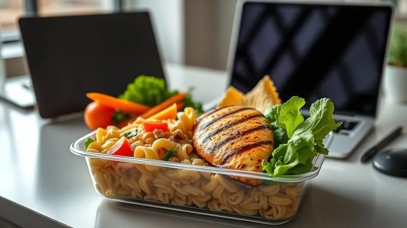 A photorealistic image of a beautifully arranged, healthy lunchbox with whole-grain pasta, fresh vegetables, and grilled chicken, placed on a modern office desk with a laptop in the background, cinematic lighting, sharp focus, 8K.