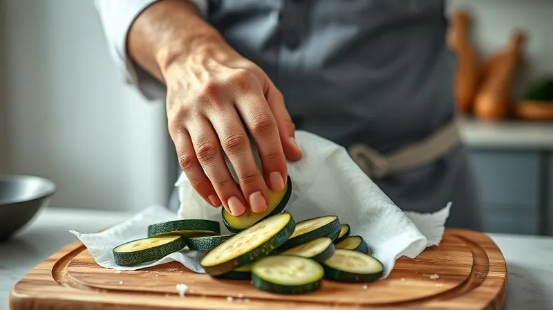 Photorealistic image of a chef's hands gently patting salted zucchini slices dry with a paper towel on a wooden cutting board, preparing for roasting. The background is a clean, modern kitchen with soft, natural light, emphasizing meticulous food preparation. Professional photography, 8K, cinematic lighting, sharp focus on the hands and zucchini, shallow depth of field, shot on a high-end DSLR.