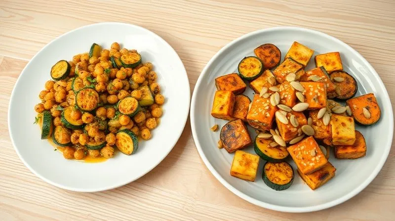 Photorealistic image of two distinct plates of roasted zucchini. One plate shows Mediterranean-style zucchini with chickpeas and fresh herbs, while the other features spicy zucchini with tofu and a peanut sauce drizzle, garnished with pumpkin seeds. Both plates are beautifully arranged on a light wooden table, showcasing vibrant colors and inviting textures. Professional photography, 8K, cinematic lighting, sharp focus on the food, shallow depth of field, shot on a high-end DSLR.