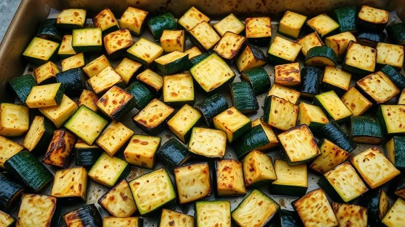 Photorealistic image of a baking sheet overflowing with poorly roasted, watery zucchini, some pieces still pale and others burnt, illustrating common cooking mistakes. The scene should look unappetizing and messy, with harsh, unflattering lighting. Professional photography, 8K, sharp focus on the messy zucchini, high contrast to emphasize imperfections, shot on a high-end DSLR.
