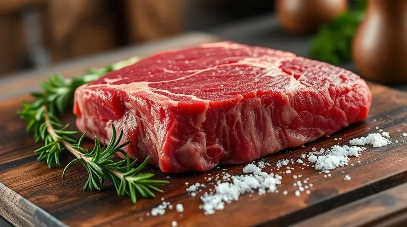 Photorealistic, professional photography, 8K, cinematic lighting, sharp focus, depth of field, shot on a high-end DSLR. A pristine, raw beef tenderloin fillet displayed on a dark wooden cutting board, with subtle marbling visible. Fresh rosemary sprigs and coarse sea salt are scattered around. The lighting highlights the rich red color of the meat, suggesting quality and freshness. The background is a blurred, rustic kitchen setting.
