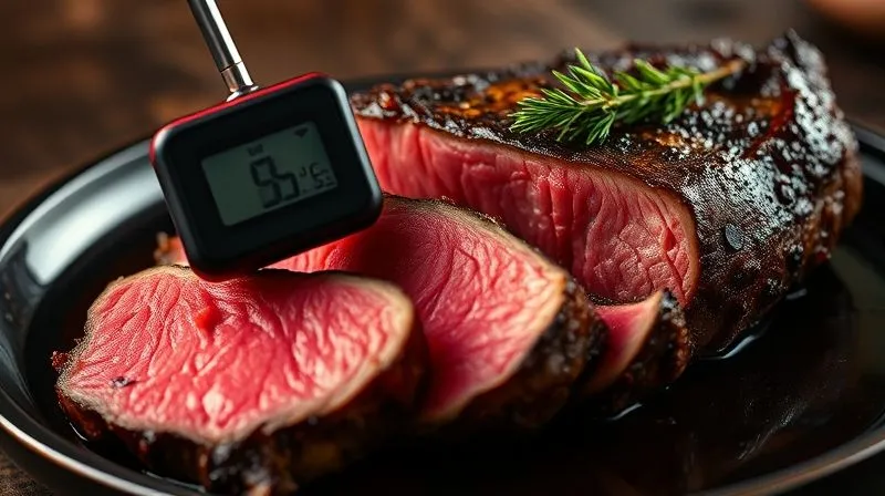 Photorealistic, professional photography, 8K, cinematic lighting, sharp focus, depth of field, shot on a high-end DSLR. A perfectly cooked beef tenderloin steak, medium-rare, with a beautiful sear on the outside. It is sliced into thick medallions, revealing a vibrant pink interior. A digital meat thermometer is inserted into one slice, showing an ideal internal temperature. The steam rises gently, highlighting the juiciness. Plated elegantly on a dark ceramic dish with a sprig of fresh thyme.