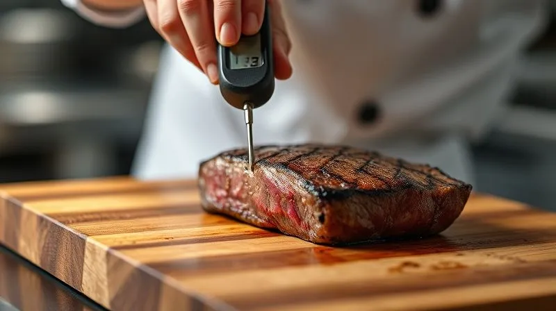 Photorealistic, professional photography, 8K, cinematic lighting, sharp focus, depth of field, shot on a high-end DSLR. A close-up shot of a chef's hand gently placing a digital meat thermometer into a perfectly seared beef tenderloin steak resting on a wooden board. The steak has a beautiful golden-brown crust. The background is blurred, showing a professional kitchen environment. The scene emphasizes precision and expertise in cooking.