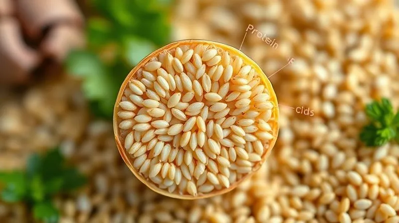 A photorealistic, professional photography, 8K, cinematic lighting image of a detailed cross-section of a single quinoa grain, magnifying its internal structure to highlight protein and fiber content, with a scientific diagram overlay subtly indicating amino acids. Sharp focus on the grain, depth of field blurring a background of other superfoods. Shot on a high-end DSLR, emphasizing its nutritional power.