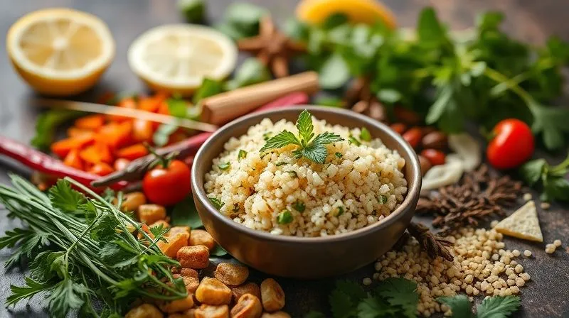 A photorealistic, professional photography, 8K, cinematic lighting image of a vibrant array of fresh herbs and colorful spices artfully arranged around a small bowl of cooked quinoa, with splashes of lemon juice and olive oil. Sharp focus on the spices and herbs, depth of field blurring the background, emphasizing flavor without excess calories. Shot on a high-end DSLR, inviting and inspiring culinary creativity.