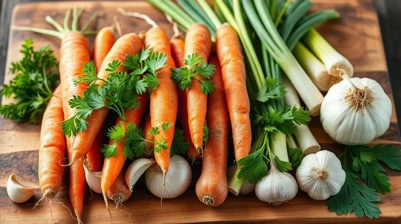 A vibrant, professional photography shot of a selection of fresh, organic root vegetables (carrots, parsley root, celery root, leeks, onions, garlic) artfully arranged on a rustic wooden cutting board, ready for broth. Cinematic lighting, sharp focus, depth of field, 8K hyper-detailed, shot on a high-end DSLR.
