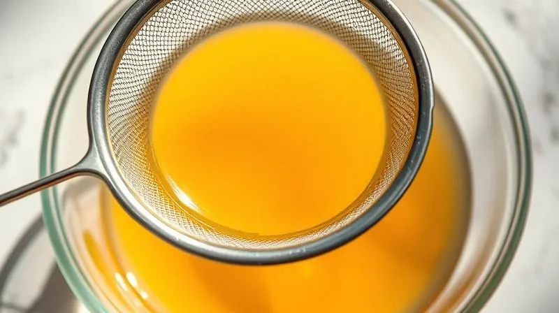 A professional photography shot of a fine-mesh sieve being used to strain a golden liquid (broth) into a clean, glass bowl. The light is bright and natural, highlighting the clarity of the liquid. Sharp focus on the straining process, with a soft background. 8K hyper-detailed, shot on a high-end DSLR, emphasizing purity and precision.