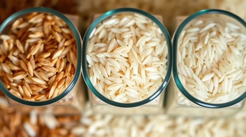 A close-up, photorealistic image of three distinct types of uncooked rice grains: brown rice, wild rice, and basmati rice, each in a small, elegant glass jar. The lighting is soft and natural, emphasizing the texture and color differences. Sharp focus on the grains, with a shallow depth of field. Shot on a high-end DSLR.