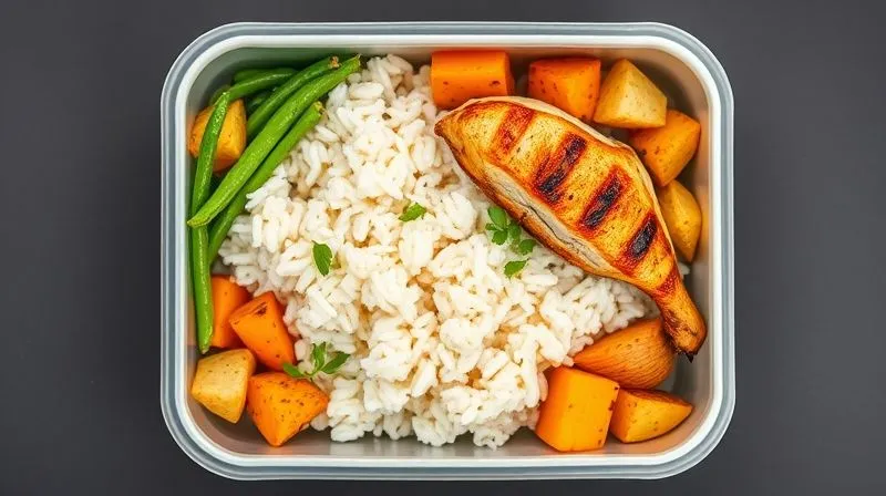 A vibrant, photorealistic overhead shot of a perfectly portioned, healthy lunchbox. The main compartment features light, fluffy rice. Surrounding it are small, colorful sections with grilled chicken breast, steamed green beans, roasted sweet potato cubes, and a sprinkle of fresh herbs. The composition is clean, appetizing, and balanced. Professional studio lighting. 8K, sharp focus.