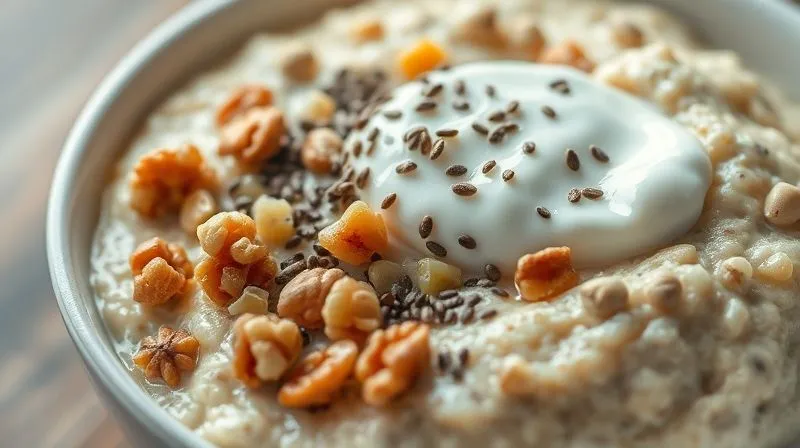 photorealistic, professional photography, 8K, cinematic lighting, sharp focus, depth of field, shot on a high-end DSLR. A close-up shot of a bowl of creamy oatmeal, topped with a generous sprinkle of chopped walnuts, chia seeds, and a dollop of high-protein Greek yogurt. The textures are rich and inviting, emphasizing health and satiety. Soft, warm natural light.