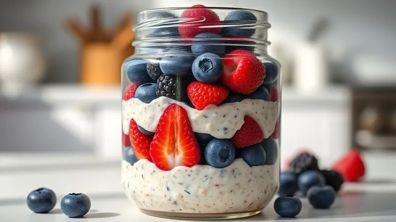 photorealistic, professional photography, 8K, cinematic lighting, sharp focus, depth of field, shot on a high-end DSLR. A clear glass jar filled with overnight oats, layered with vibrant mixed berries (blueberries, raspberries, blackberries) and a creamy, protein-rich base. The jar is sitting on a clean kitchen counter in soft morning light, looking fresh, healthy, and convenient. Emphasize the layers and appealing texture.