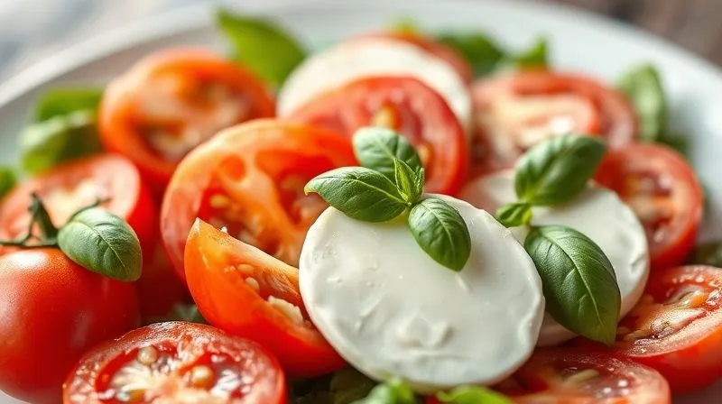 A close-up, photorealistic, professional photography, 8K, cinematic lighting, sharp focus, depth of field, shot on a high-end DSLR, of perfectly ripe red tomatoes, vibrant green basil leaves, and creamy mozzarella slices arranged artfully on a white plate, ready for a healthy Caprese salad. The light highlights the freshness of the ingredients.