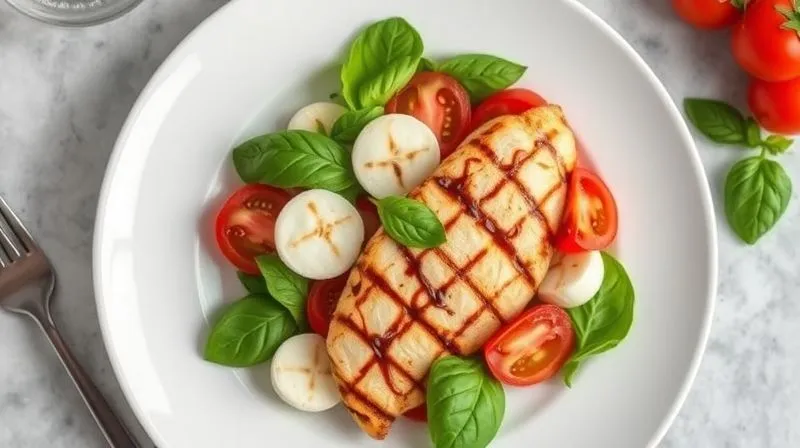 A top-down, photorealistic, professional photography, 8K, cinematic lighting, sharp focus, depth of field, shot on a high-end DSLR, of a beautifully plated, healthy Caprese salad with extra protein. It features vibrant red tomatoes, fresh green basil, light mozzarella, and perfectly grilled chicken breast strips, lightly drizzled with balsamic glaze, on a clean, modern white plate. The setting suggests a bright, healthy lunch.