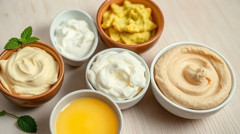 A close-up, photorealistic shot of various healthy mayonnaise alternatives in small, elegant bowls: creamy Greek yogurt, ripe avocado mash, vibrant Dijon mustard, and smooth hummus, arranged artfully on a light wooden background. Cinematic lighting, sharp focus on the textures, depth of field. 8K, professional photography.