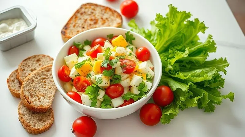 A vibrant, healthy breakfast spread featuring a bowl of mayonnaise-free egg salad, alongside slices of toasted whole-grain bread, fresh cherry tomatoes, and crisp lettuce leaves. The scene is set on a light, clean kitchen counter with soft morning light. 8K, professional photography, cinematic lighting, sharp focus.