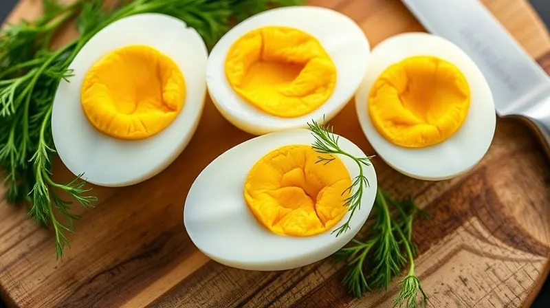 A close-up, photorealistic image of three perfectly boiled eggs, one whole and two halved, showing bright yellow yolks and firm white, placed on a rustic wooden cutting board next to fresh dill and a knife. Professional photography, 8K, cinematic lighting, sharp focus, depth of field, shot on a high-end DSLR, emphasizing freshness and preparation.