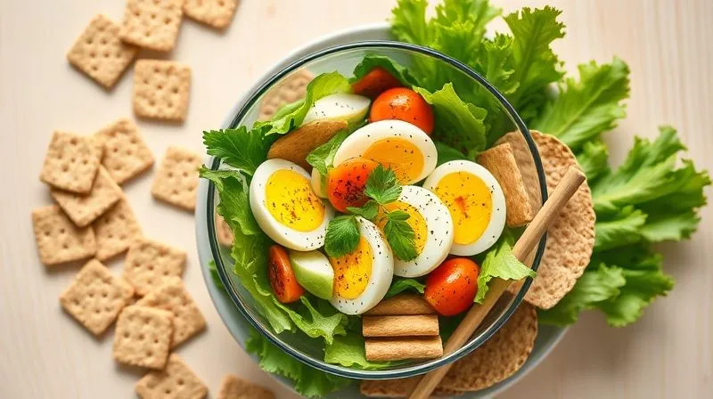 A vibrant, photorealistic overhead shot of a healthy egg salad served in a elegant glass bowl, surrounded by fresh whole wheat crackers and crisp lettuce leaves on a light wooden table. Natural daylight, professional photography, 8K, cinematic lighting, sharp focus on the salad, depth of field subtly blurring the background, shot on a high-end DSLR, conveying a fresh and inviting meal.