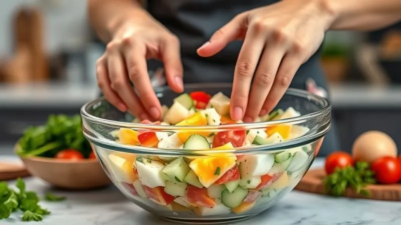 A vibrant, photorealistic scene of a person's hands gently mixing a freshly prepared healthy egg salad in a large glass bowl, with visible chunks of egg, diced vegetables like cucumber and red bell pepper, and fresh green herbs. The kitchen background is softly blurred. Professional photography, 8K, cinematic lighting, sharp focus on the mixing action, depth of field, shot on a high-end DSLR, conveying a sense of active, healthy cooking.