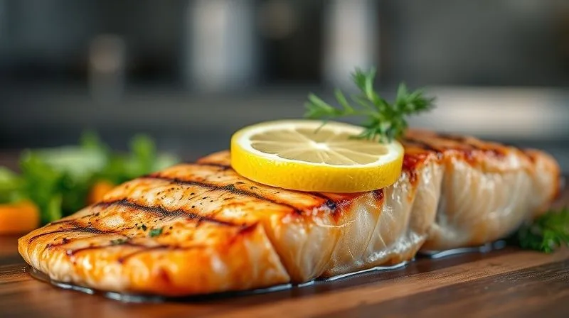 A close-up, photorealistic, professional photography, 8K, cinematic lighting, sharp focus, depth of field, shot on a high-end DSLR, of a perfectly grilled salmon fillet, flaking apart slightly, seasoned with fresh dill and a lemon slice. The background is a soft blur of a modern kitchen, highlighting the fresh, healthy aspect of the meal.