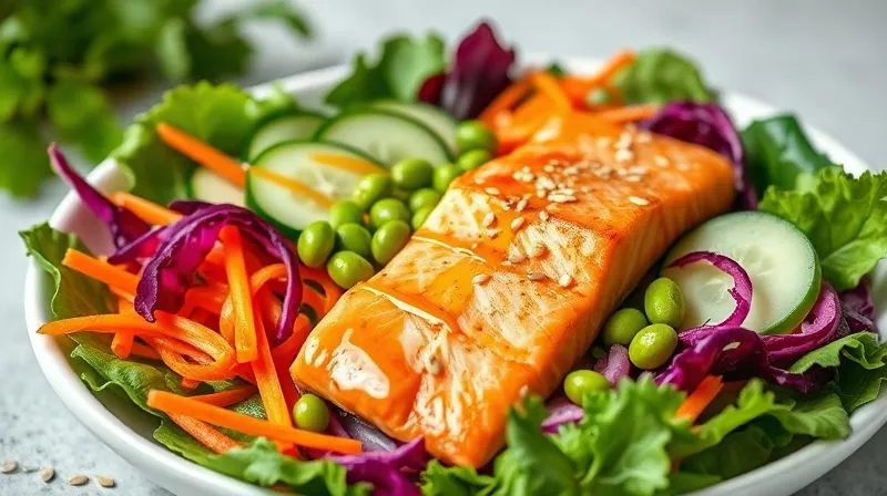 A vibrant, photorealistic, professional photography, 8K, cinematic lighting, sharp focus, depth of field, shot on a high-end DSLR, of a beautifully arranged Asian-inspired salmon salad. It features perfectly cooked salmon flakes, colorful shredded carrots, cucumber, red cabbage, edamame beans, and a sprinkle of sesame seeds, all on a bed of mixed greens. A light soy-ginger dressing is drizzled over, creating a fresh and appetizing visual. The setting is clean and modern, emphasizing healthy cuisine.