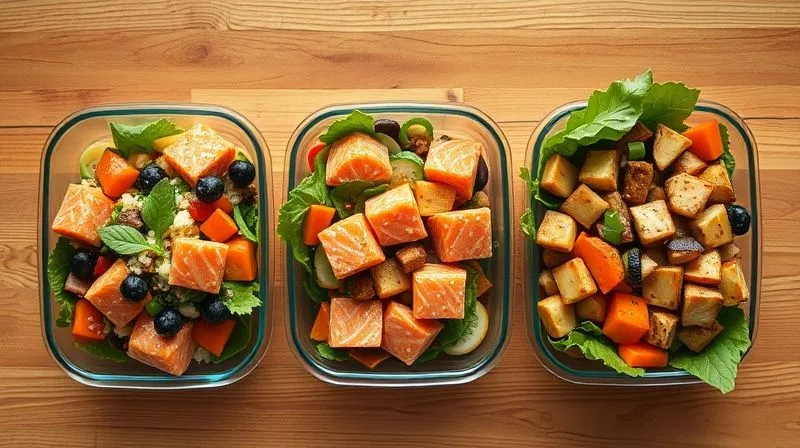 A top-down, photorealistic, professional photography, 8K, cinematic lighting, sharp focus, depth of field, shot on a high-end DSLR, of three distinct, vibrant salmon salads arranged side-by-side on a wooden table, representing a weekly meal prep. Each salad is in a clear glass container, showcasing its unique ingredients: one is Mediterranean-inspired, another Asian, and the third a hearty mix of roasted vegetables. The scene conveys organization, health, and variety, with a clean, inviting aesthetic.