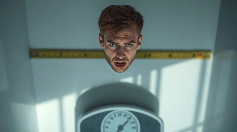 A photorealistic image of a person standing on a bathroom scale, looking frustrated, with a subtle, almost imperceptible shadow of a measuring tape in the background, cinematic lighting, sharp focus on the person's expression, depth of field blurring the background, 8K, shot on a high-end DSLR.