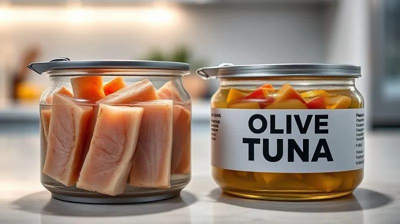 A close-up, photorealistic image of two open cans of tuna: one with tuna in water, clearly labeled, and another with tuna in olive oil, also clearly labeled. The tuna in water looks lean and flaky, while the tuna in oil looks richer. The background is a clean, modern kitchen counter. Professional photography, 8K, cinematic lighting, sharp focus on the cans, depth of field. Shot on a high-end DSLR.