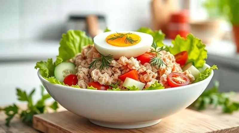 A beautifully arranged, photorealistic tuna salad in a modern white bowl, with distinct layers of fresh ingredients like flaked tuna, diced cucumbers, cherry tomatoes, and vibrant green lettuce. A perfectly halved hard-boiled egg rests on top, garnished with fresh dill. The background is a slightly blurred, bright kitchen setting with natural light. Professional photography, 8K, cinematic lighting, sharp focus, depth of field. Shot on a high-end DSLR.