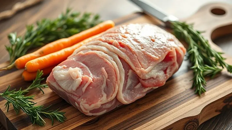 photorealistic, professional photography, 8K, cinematic lighting, sharp focus, depth of field, shot on a high-end DSLR: A beautifully arranged, fresh rabbit meat portion on a rustic wooden cutting board, surrounded by vibrant, crisp root vegetables like carrots, celery, and fresh rosemary sprigs, ready for cooking. The scene is bathed in warm, natural light, emphasizing freshness and healthy ingredients.