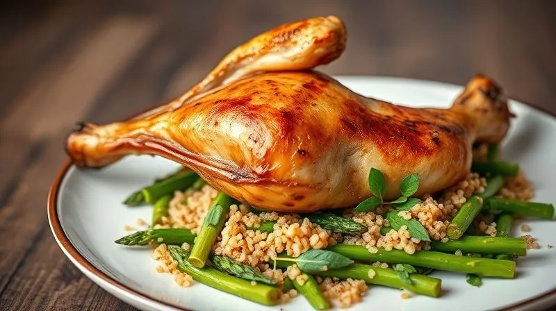 photorealistic, professional photography, 8K, cinematic lighting, sharp focus, depth of field, shot on a high-end DSLR: An artfully plated, low-calorie rabbit dish. A perfectly roasted rabbit leg rests on a bed of vibrant green asparagus and quinoa, garnished with fresh herbs. The presentation is clean, inviting, and emphasizes health and gourmet quality, with soft, directional lighting.