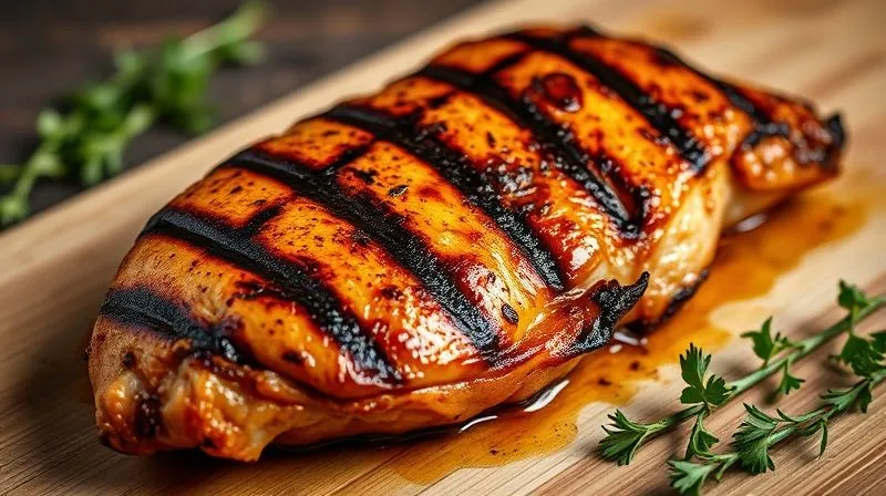 A perfectly grilled chicken breast with visible grill marks, juicy and tender, resting on a cutting board with fresh herbs, cinematic lighting, sharp focus, professional food photography, 8K, depth of field.