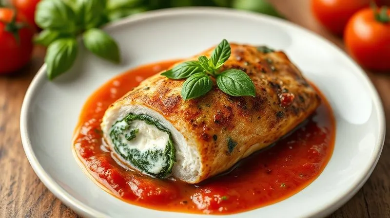 A beautifully plated low-fat chicken breast stuffed with spinach and ricotta, garnished with fresh herbs, served with a vibrant tomato-basil sauce, professional food photography, 8K, cinematic lighting, sharp focus, depth of field, inviting and gourmet aesthetic.