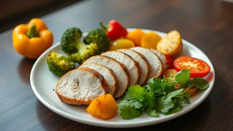 A vibrant, healthy fitness meal featuring a perfectly cooked, sliced chicken breast as the centerpiece, surrounded by an array of colorful, roasted vegetables (broccoli, bell peppers, sweet potatoes) and a fresh green salad. The plate is beautifully arranged, presented on a minimalist dining table with natural light, sharp focus, depth of field, 8K hyper-detailed, professional photography.