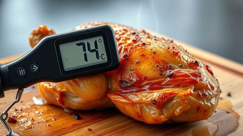 Close-up photorealistic image of a digital meat thermometer accurately inserted into a perfectly cooked, golden-brown chicken breast, showing a reading of 74°C. The chicken is resting on a wooden cutting board, with steam subtly rising, professional photography, cinematic lighting, sharp focus, 8K hyper-detailed.